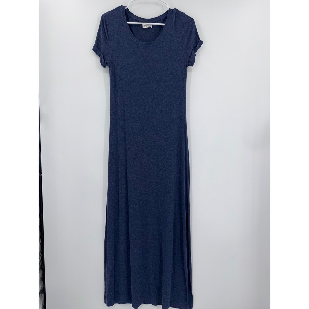 Artisan NY Navy Blue Short Sleeve Maxi Dress Small Scoop Neck Side Slit Stretch